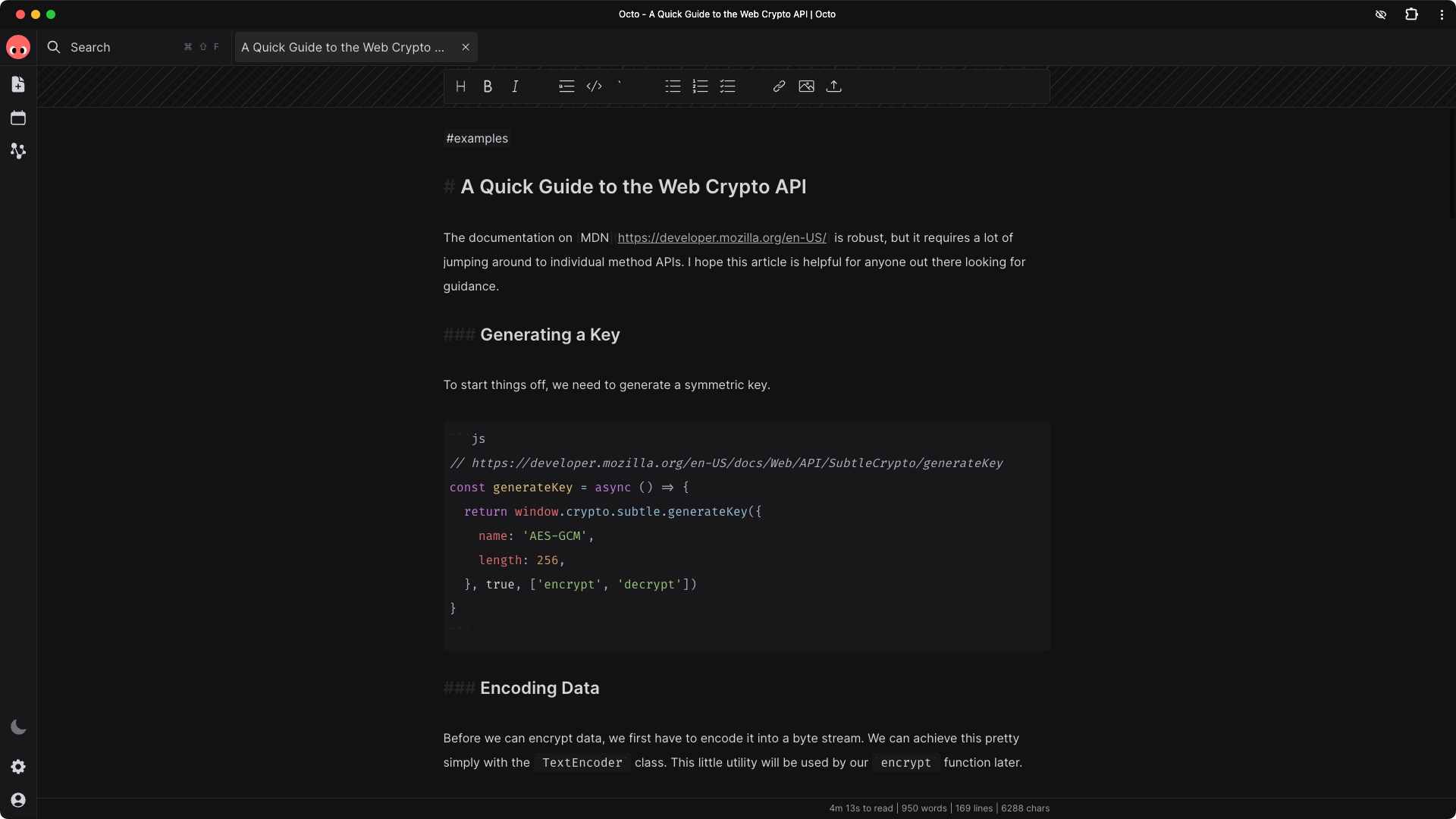 The powerful web-based, responsive note-taking app, Octo, with an open markdown document being edited.